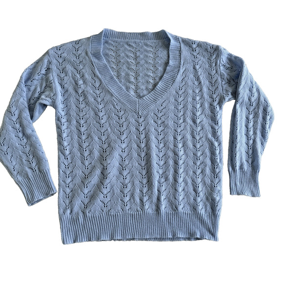 Light Blue Open Knit V-Neck Ribbed Hem Acrylic Sweater Top – Size Large - Picture 1 of 5